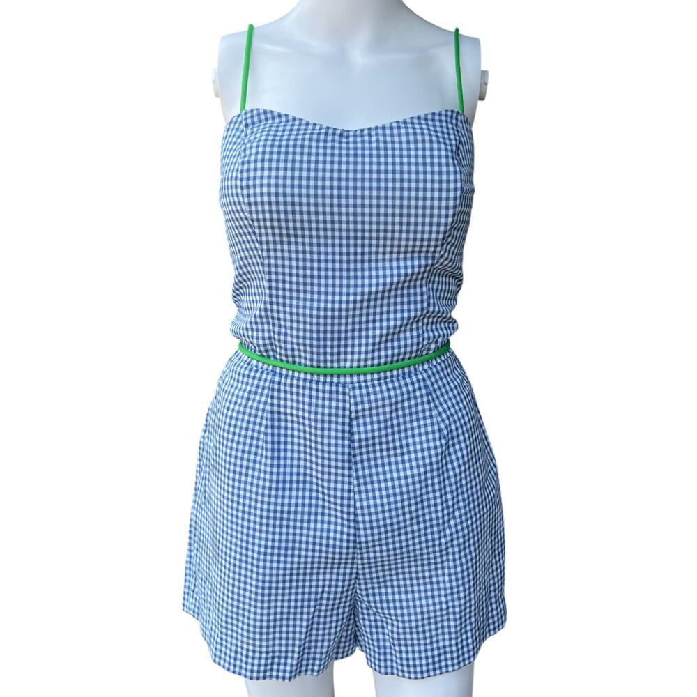 Vintage Sea Waves Blue Gingham Play Suit Romper Lined 14 USA Talon Zipper Beach